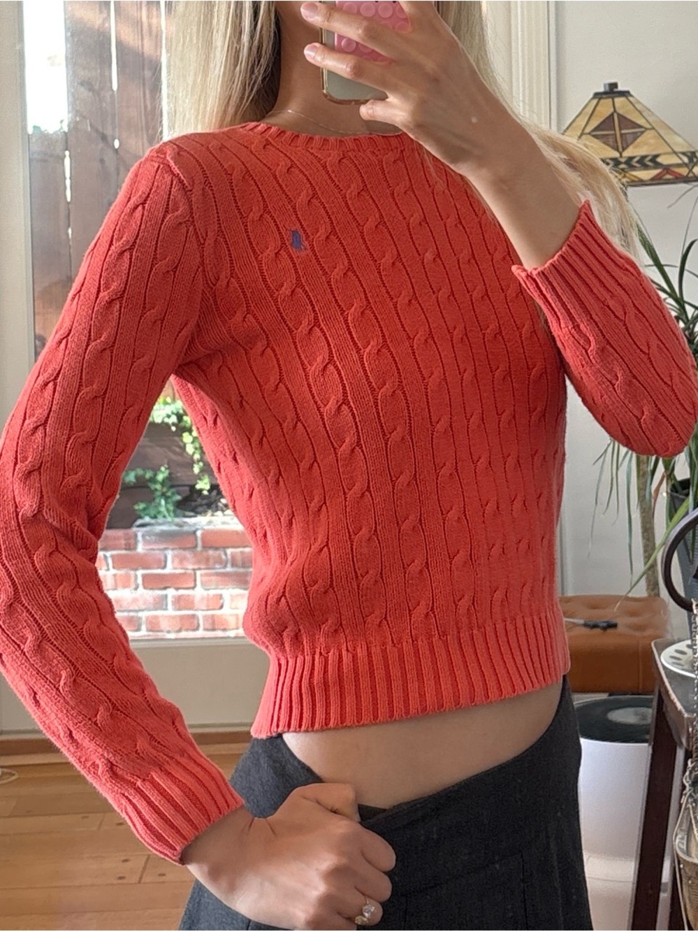 Polo Ralph Lauren Orange Cable-Knit Crew Neck Pullover Sweater Logo XS or S